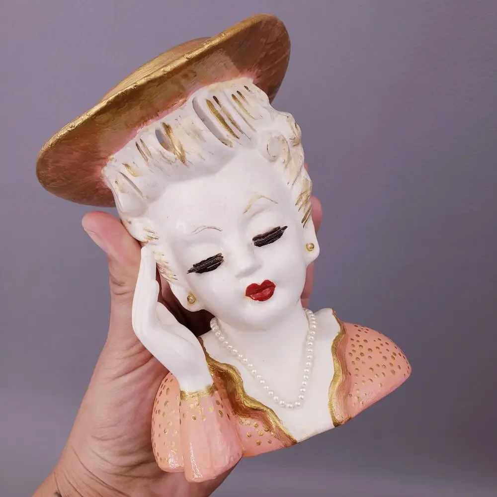 Vintage Lady Head Vase Headache W/ Eyelashes Pearl Necklace Gold Earrings Peach